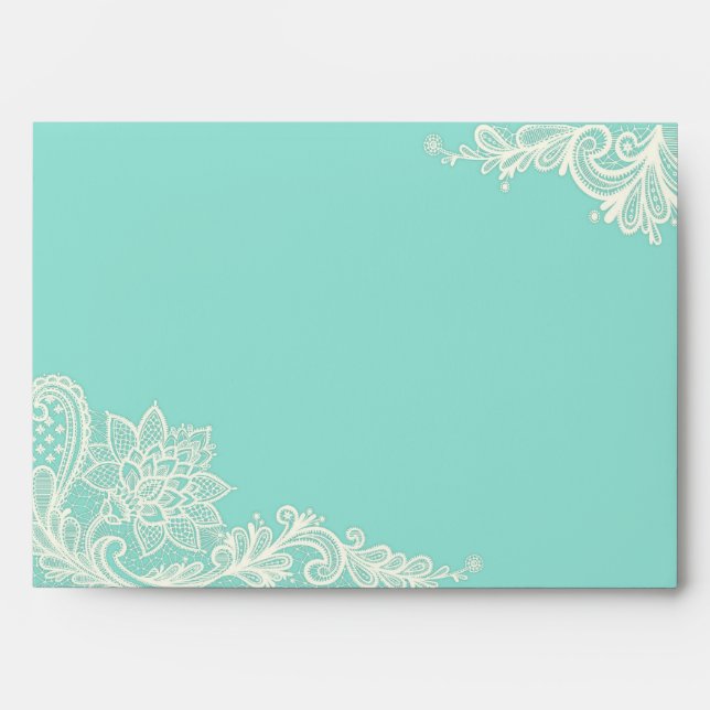 Aqua and White Lace Wedding Envelopes (Front)