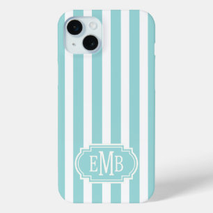 Aqua and White Monogrammed Stripes iPhone 15 Mini Case