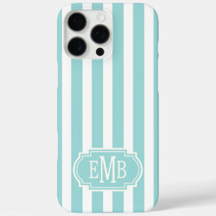 Aqua and White Monogrammed Stripes iPhone 16 Pro Max Case