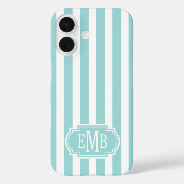 Aqua and White Monogrammed Stripes Case-Mate iPhone Case (Back)