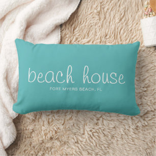 Aqua and White Nautical Beach House Custom Script Lumbar Cushion