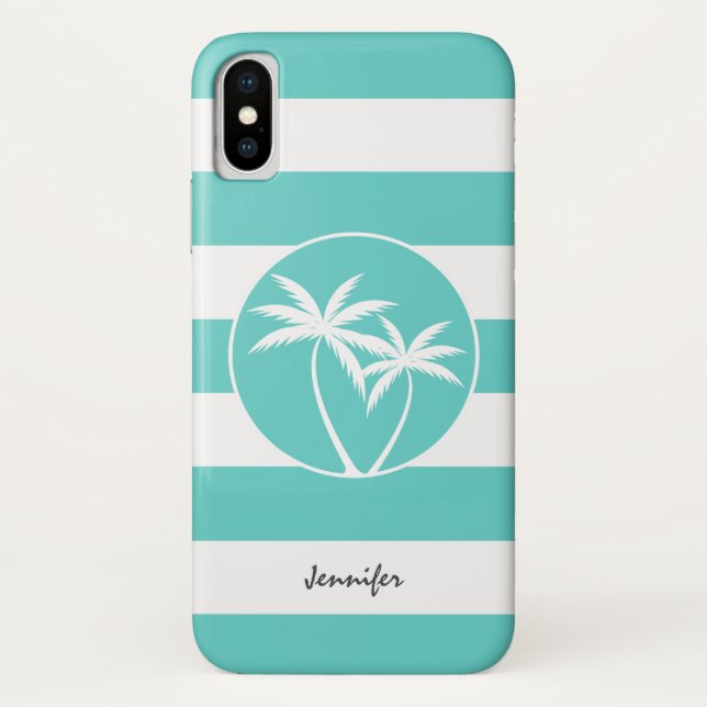 Aqua and White Palm Logo Stripes with Name Case-Mate iPhone Case (Back)