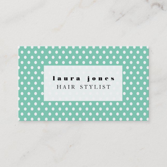 Aqua and White Polka Dots Hair Stylist Template Business Card (Front)