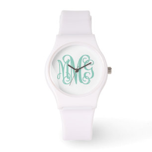 Aqua and White Preppy Script Monogram Watch