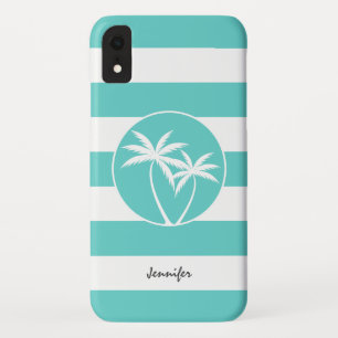 Aqua and White Sripes Palms Logo and Name iPhone XR Case