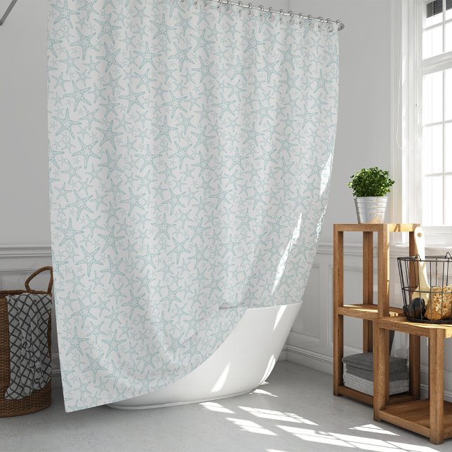 Aqua and White Starfish Pattern Shower Curtain (Creator Uploaded)