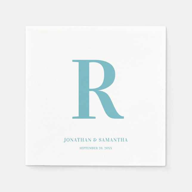 Aqua and White Wedding Monogram Modern Napkins (Front)