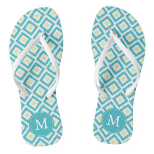 Aqua and Yellow Diamonds Ikat Pattern Personalised Flip Flops