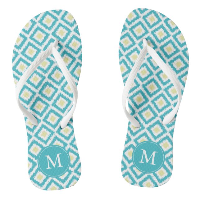 Aqua and Yellow Diamonds Ikat Pattern Personalised Flip Flops (Footbed)