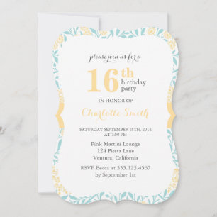 Aqua and Yellow Floral Pattern Birthday Party Invitation