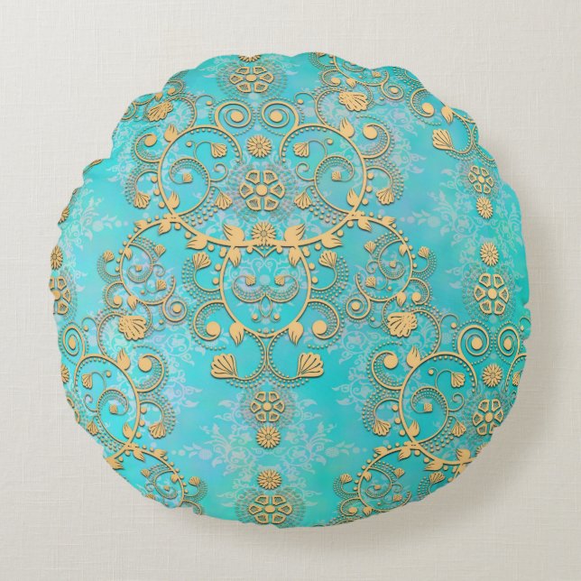 Aqua and Yellow Gold Lacy Damask Round Cushion (Front)