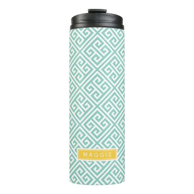Aqua and Yellow Greek Key Monogram Thermal Tumbler (Front)