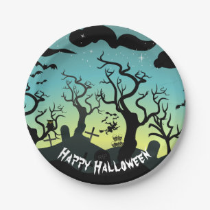 Aqua and yellow haunted graveyard Halloween Paper Plate