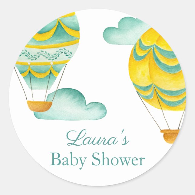 Aqua and Yellow Hot Air Balloons Baby Shower Classic Round Sticker (Front)