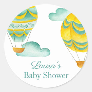 Aqua and Yellow Hot Air Balloons Baby Shower Classic Round Sticker