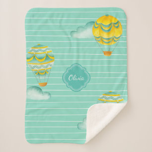 Aqua and Yellow Hot Air Balloons with Child's Name Sherpa Blanket