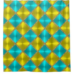 Aqua and Yellow Metallic Looking Squares with Gold Shower Curtain