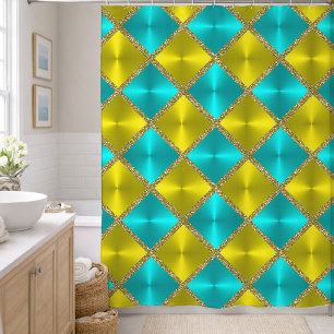 Aqua and Yellow Metallic Looking Squares with Gold Shower Curtain