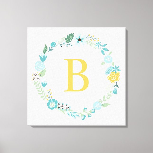 Aqua and Yellow Monogrammed Floral Wreath Canvas Print (Front)