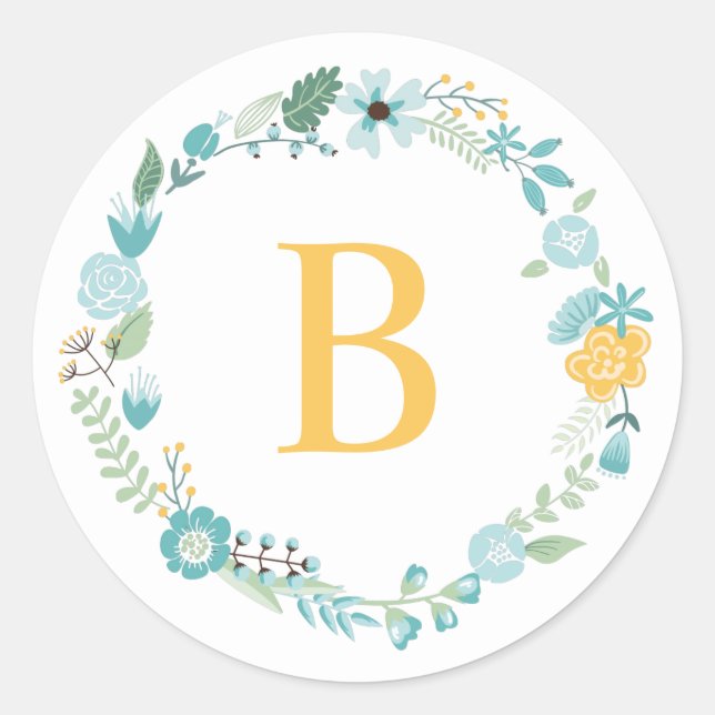 Aqua and Yellow Monogrammed Floral Wreath Classic Round Sticker (Front)