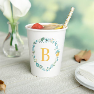 Aqua and Yellow Monogrammed Floral Wreath Paper Cups
