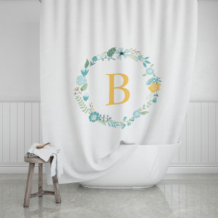Aqua and Yellow Monogrammed Floral Wreath Shower Curtain