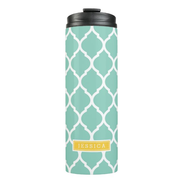 Aqua and Yellow Moroccan Quatrefoil Monogram Thermal Tumbler (Front)