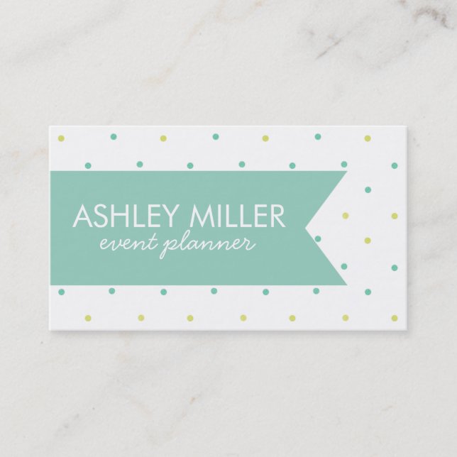 Aqua and Yellow Polka Dot Ribbon Business Card (Front)