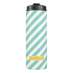 Aqua and Yellow Preppy Stripes Monogram Thermal Tumbler