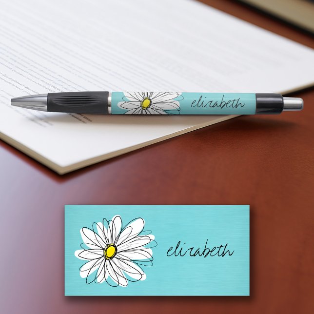 Aqua and Yellow Whimsical Daisy Custom Text (Personalized writing pens - add your name or other text)