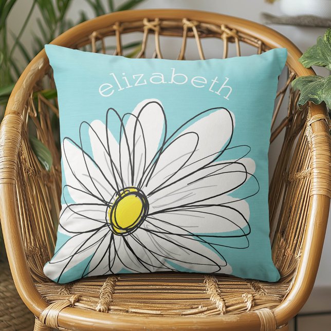 Aqua and Yellow Whimsical Daisy Custom Text Cushion (Daisy Pillow)