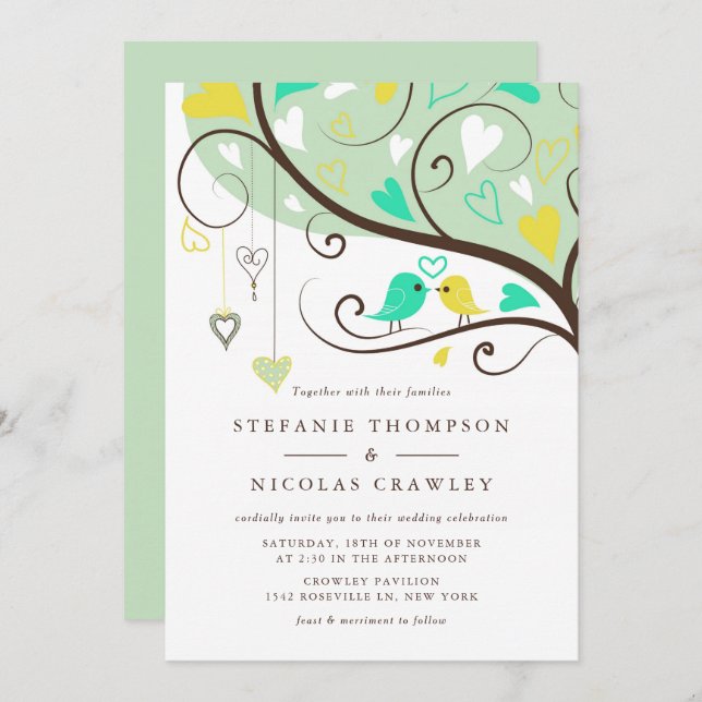 Aqua and Yellow Whimsical Lovebirds Wedding Invitation (Front/Back)