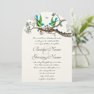 Aqua & Apple Green Vintage Birds Wedding Invite
