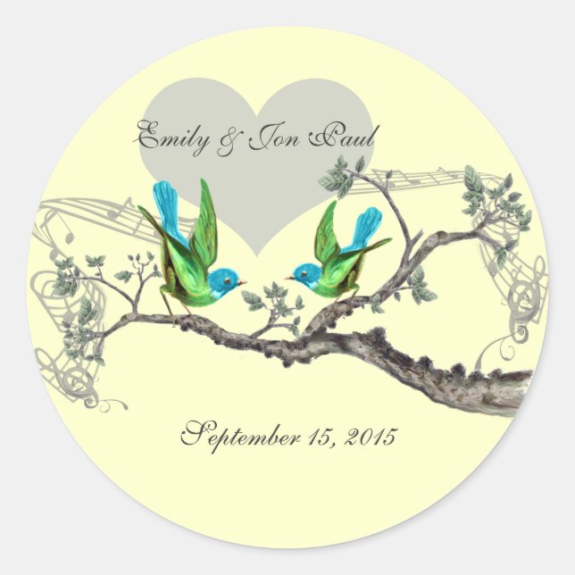 Aqua & Apple Green Vintage Birds Wedding Stickers (Front)