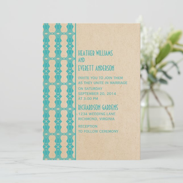 Aqua Art Deco Border Wedding Invitation (Standing Front)