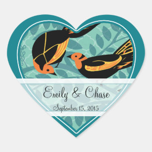 Aqua Art Deco Love Birds Sitting in a Tree Wedding Heart Sticker