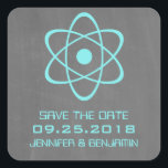 Aqua Atomic Chalkboard Save the Date Stickers<br><div class="desc">Cute and nerdy Atomic Chalkboard Save the Date Stickers featuring a simple atomic symbol in turquoise on a chalkboard look background. These geeky and fun save the date stickers are perfect for announcing your science themed wedding! Easy to customise, simply add the details of your wedding in the spaces provided....</div>