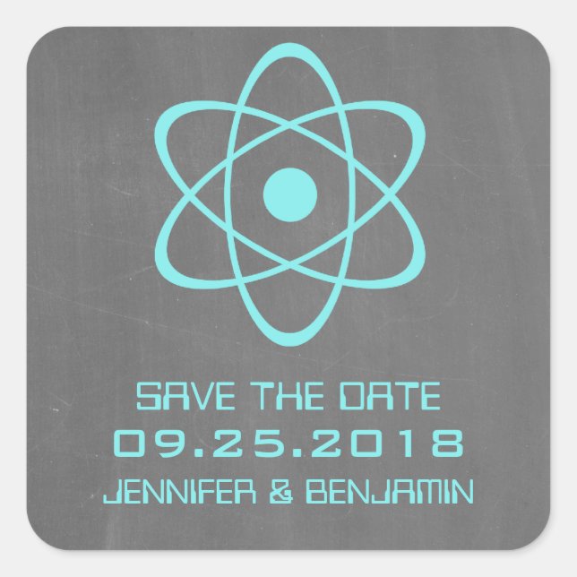 Aqua Atomic Chalkboard Save the Date Stickers (Front)