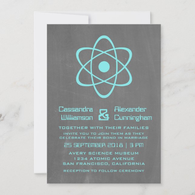 Aqua Atomic Chalkboard Wedding Invite (Front)