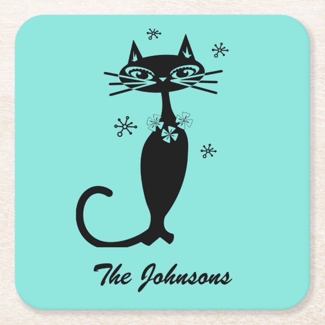 Aqua Atomic Retro Cat Drink Coasters (Front)