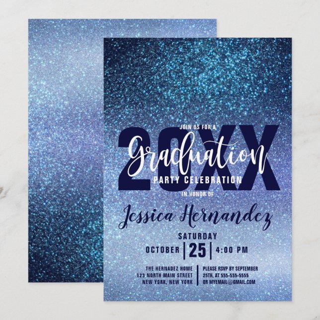 Aqua Baby Blue Triple Glitter Ombre Graduation Invitation (Front/Back)