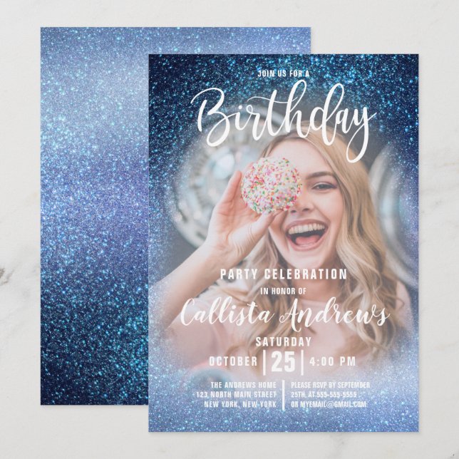 Aqua Baby Blue Triple Glitter Ombre Photo Birthday Invitation (Front/Back)