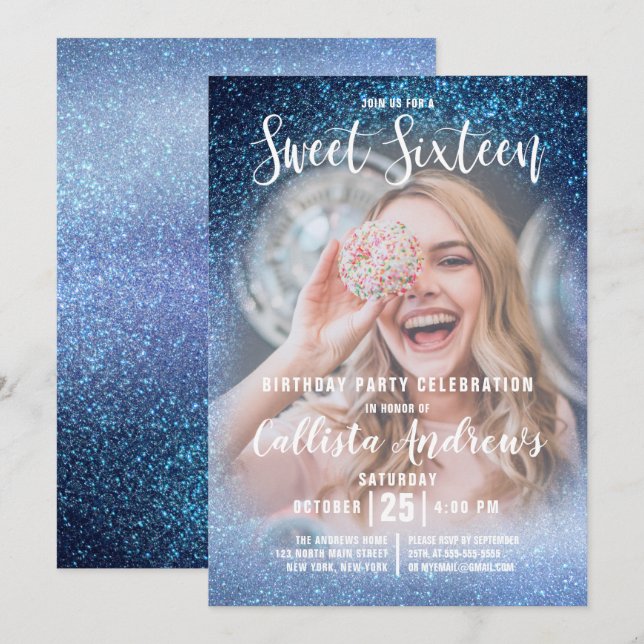 Aqua Baby Blue Triple Glitter Ombre Photo Sweet 16 Invitation (Front/Back)