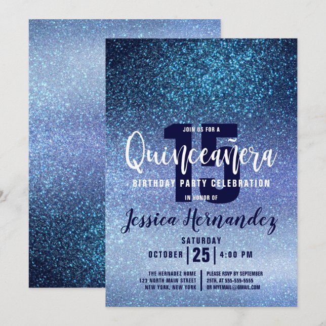 Aqua Baby Blue Triple Glitter Ombre Quinceaña Invitation (Front/Back)