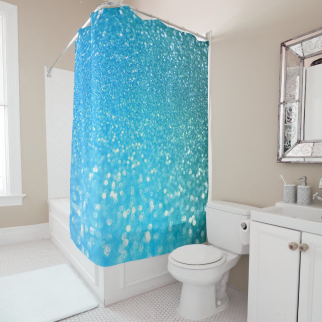 Aqua Beach Blue Summer Glitter Shower Curtain (In Situ)