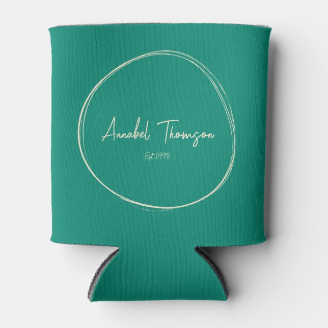 Aqua Beach Breeze with Name in Drawn Circle Can Cooler (Front)
