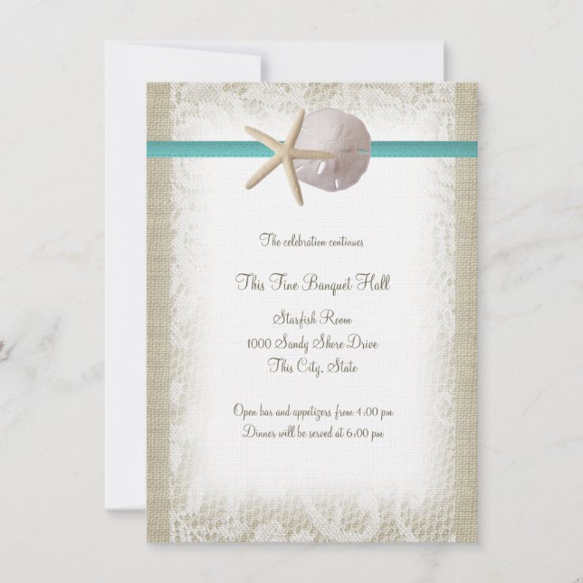 Aqua Beach Burlap and Lace Reception Invitation (Front)