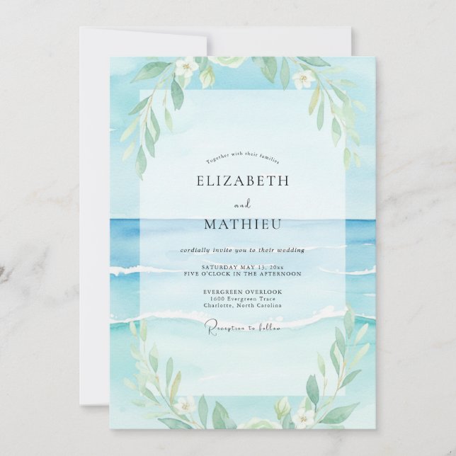 Aqua Beach Foliage Eucalyptus Wedding Invitation (Front)