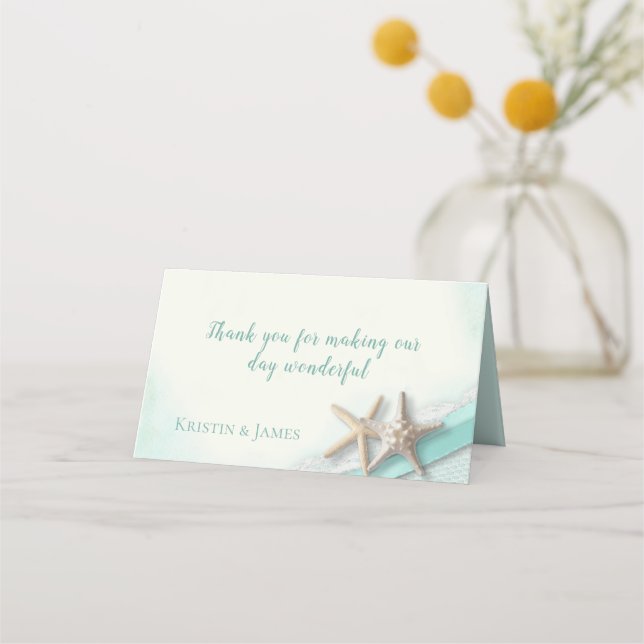 Aqua Beach Starfish Lace and Ribbon Place Card (Front)