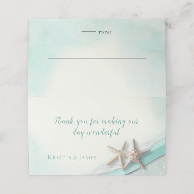 Aqua Beach Starfish Lace and Ribbon Place Card (Outside Unfolded)